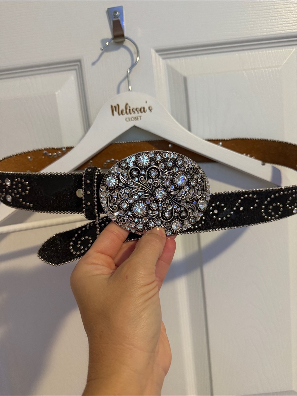 Nocona Western Black Leather Rhinestone Studded Belt M Ornate Crystal Buckle - Picture 8 of 8